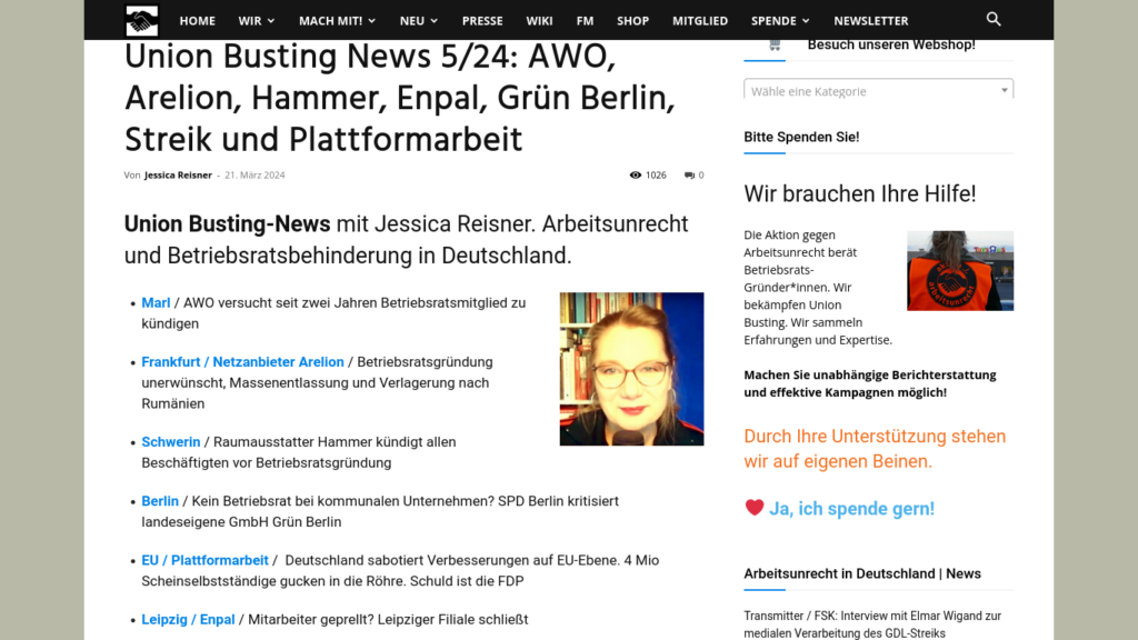 arbeitsunrecht – „Union Busting News 5/24: AWO, Arelion, Hammer, Enpal, Grün Berlin, Streik und Plattformarbeit“ (21.03.2024)