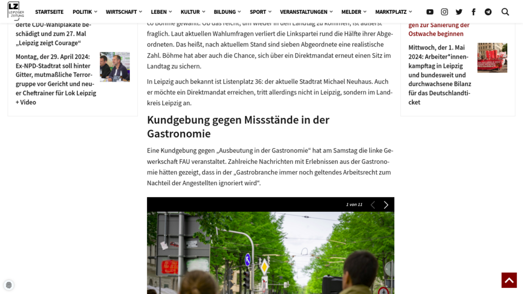 Leipziger Zeitung – „Das Wochenende, 13./14. April 2024: […] Protest gegen Gastrobetriebe + Video“(14.04.2024)