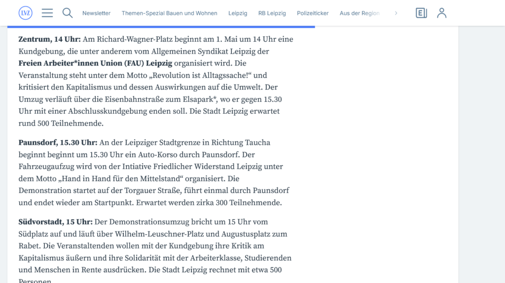 LVZ – „Demonstrationen am 1. Mai in Leipzig: Das Protestgeschehen im Überblick“ (30.04.2024)