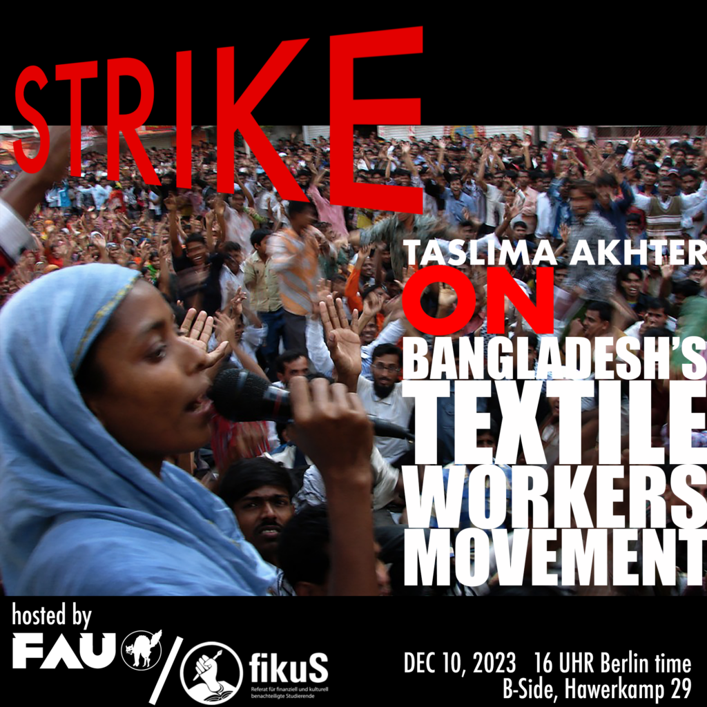 Veranstaltung am Sonntag (10.12.): Taslima Akhter On Bangladesh’s Textile Workers Movement